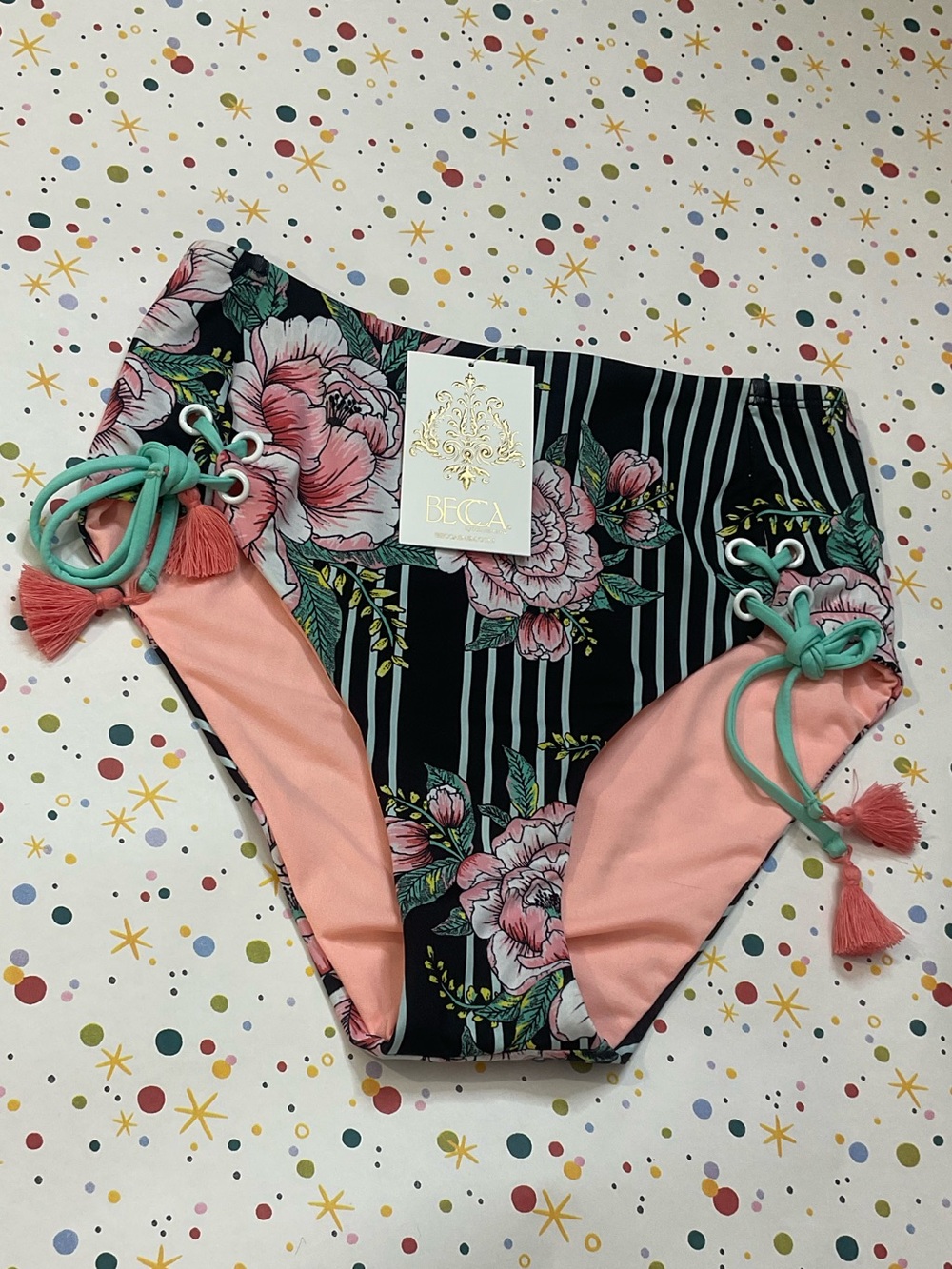 BECCA Rebecca Virtue Retro Floral Printed High Waist Lace Up Bikini Bottom Sm